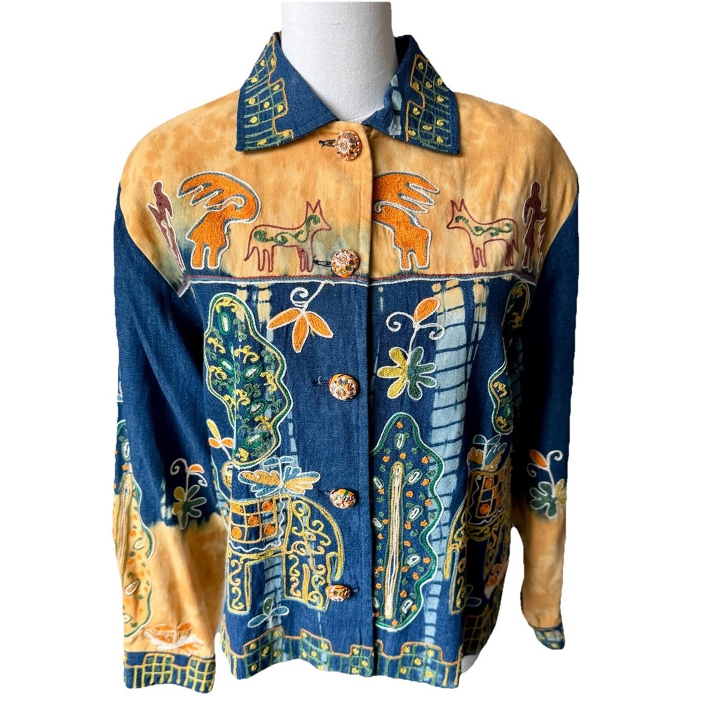 Spirit Sandy Starkman Elephant Giraffe Embroidered Denim Jacket XL 90s Vintage